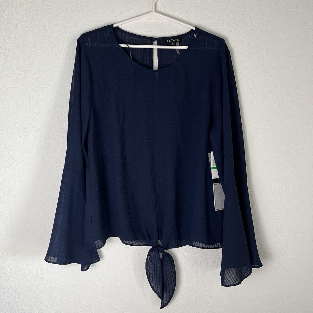 NWT 1 STATE‎  navy Blue Bell Sleeve Sheer Blouse LARGE 214​​